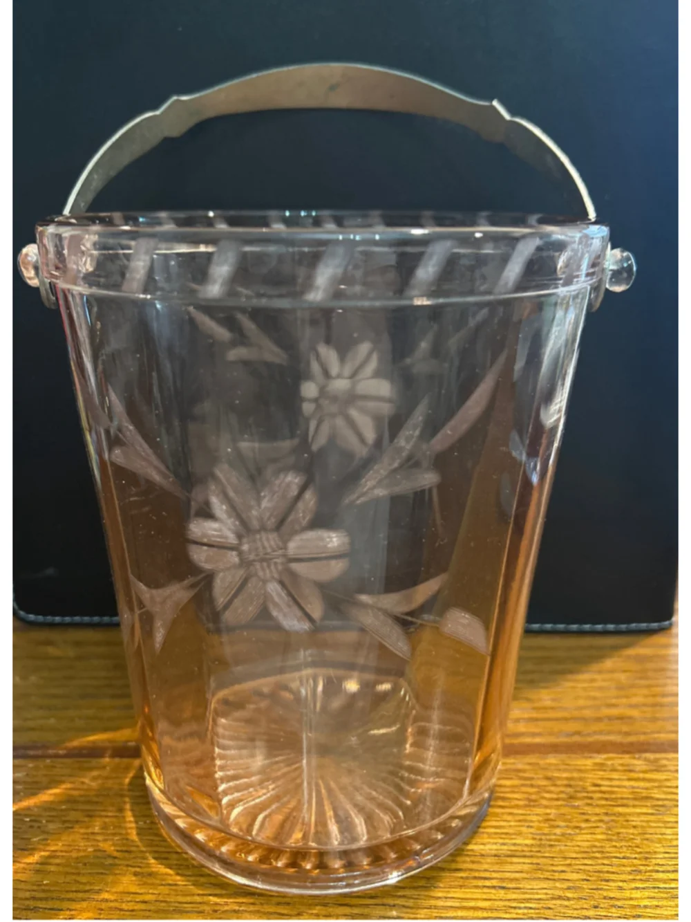 Vintage pink depression glass ice bucket W/Handle etched floral design